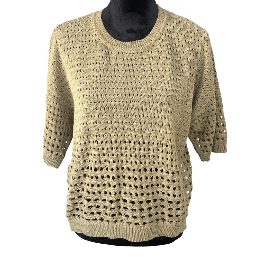 DKNY Classic Open Knit Olive Green Short Sleeve Crew Neck‎ Women's Top Sz L